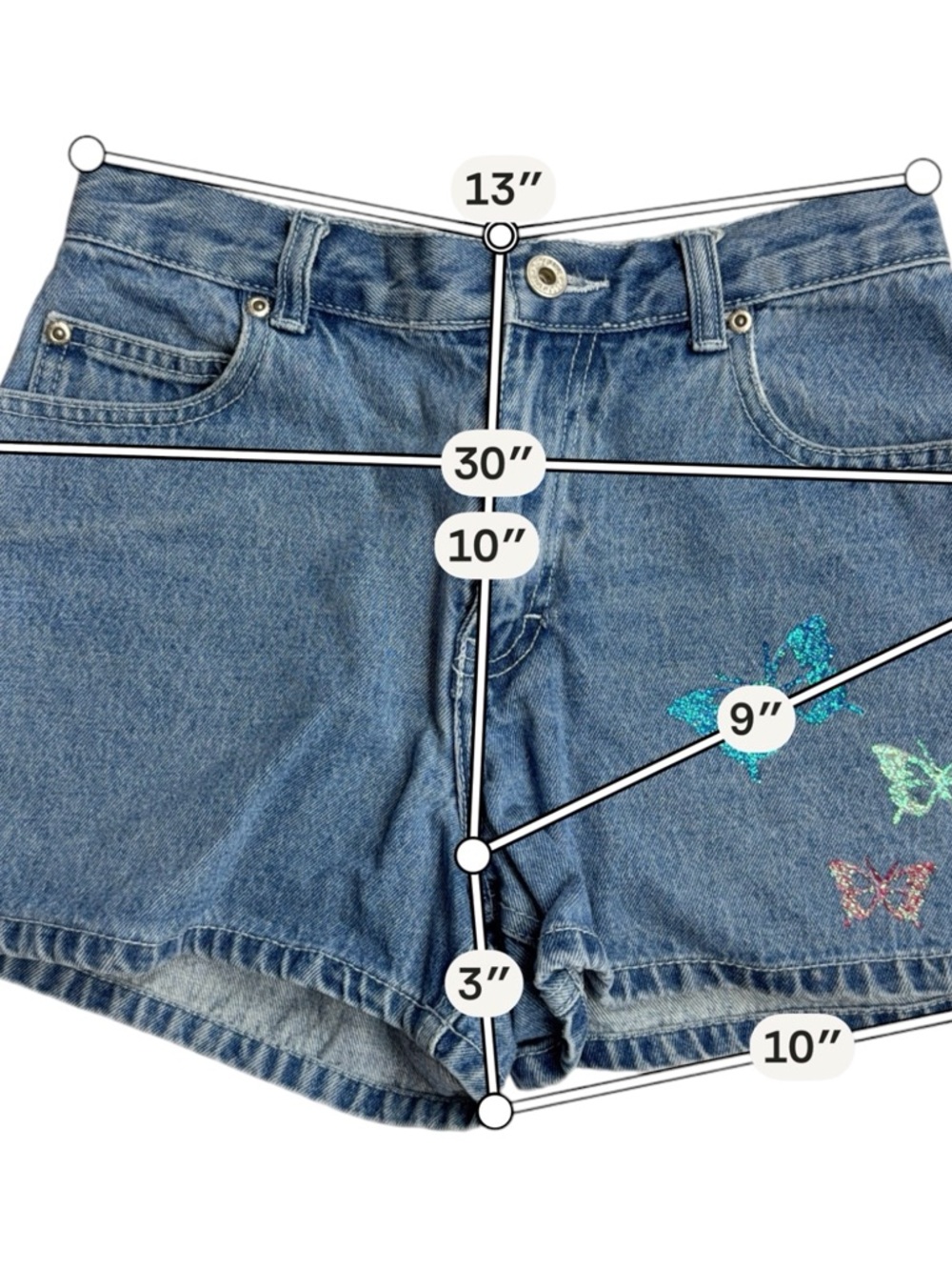 Youth Girls Gasoline Denim Shorts 12 Y2K Butterfly Blue Low Rise Jean Kids Retro - Picture 8 of 8